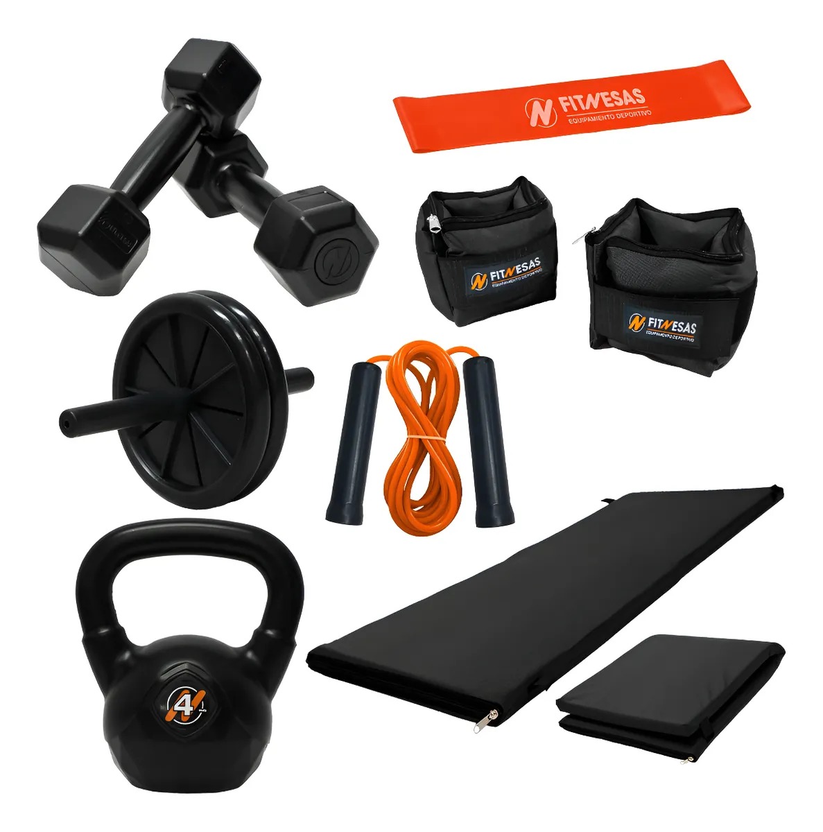 KIT ENTRENAMIENTO COLCHO PESAS RUEDA BANDA SOGA TOBILLERAS